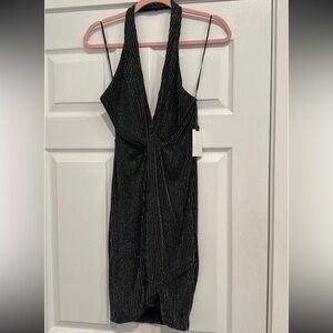 BNWT ASTR The Label Black and Silver Mini Halter Disco Dress Size small